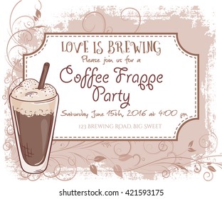 vector hand drawn coffee frappe party invitation card, vintage frame, glass and leaves.