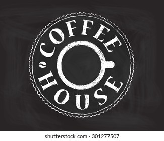 Vector of Hand Drawn Coffee House label on Chalkboard. Cup (top view), bean, round shape. Retro/vintage style. For cafe or coffee house menu, package decoration, design element, web usage etc. Eps 10