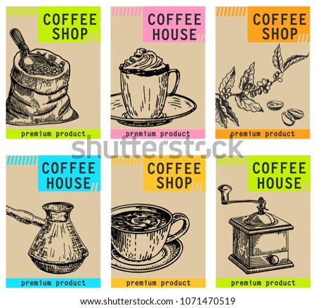Vector hand drawn Coffee House card set. Detailed trendy style images. Modern sketch elements collection for packaging or cards design.