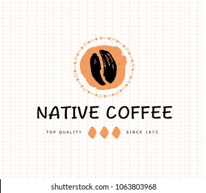 Vector hand drawn coffee logo design elements isolated on textured background. Coffee shop craft emblem, company insignia template, banner, print, etc.