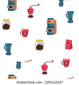 Vector hand drawn coffee makers patten.Different kinds of coffee mugs, pots and coffee makers, glasses with macaroons, coffee beans and chocolate.Colorful, warm colors