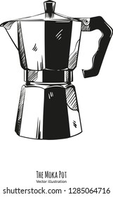 Vector hand drawn Coffee making equipment. Moka Pot engraved style illustration. Sketch style. Perfect for menu, invitations, greeting cards, posters.