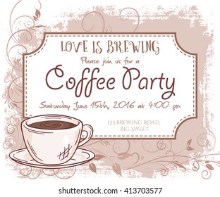 carta de invitación de la fiesta de café, marco vintage, taza y hojas.