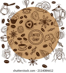 Vector hand drawn coffee set. Vintage illustration on brown background. 
