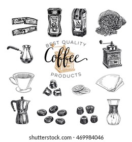 Vector hand drawn coffee set. Coffee products.Vector illustration. Sketch