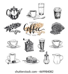 Vector hand drawn coffee set. Coffee products.Vector illustration. Sketch