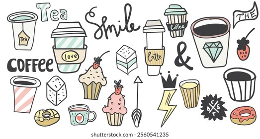 Vector hand drawn coffee and sweets collection. Plastic and paper coffee and tea cups, donuts, cupcakes, cute elements. Use for menu design, web page background, poster, birthday card, surface texture