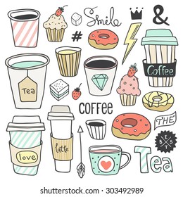 Vector hand drawn coffee and sweets collection. Plastic and paper coffee and tea cups, donuts, cupcakes, cute elements. Use for menu design, web page background, poster, birthday card, surface texture