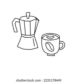 Vector hand drawn coffeepot and cup. Isolated on white background drawing for prints and posters