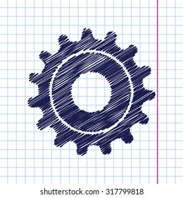 Vector hand drawn cogwheel icon on copybook 