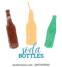 Vector hand drawn cold beverage bottles. Bottle with straw and orange soda. Sparkling soda bottles. Easy to edit, ready to use. Colored flat fills in separate groups.