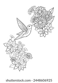 Vector hand drawn colibri bird and exotic flowers tropical illustration for adult coloring book. Freehand sketch for adult anti stress coloring book page with doodle and zentangle elements.