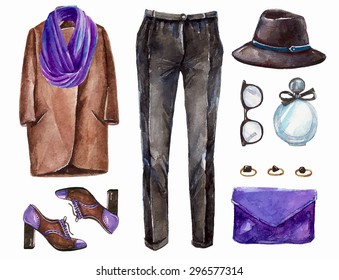 Vector hand drawn collage of spring ore autumn girl clothing and accessories isolated on white background. Outfit of casual  elegant woman style. Create by watercolor 