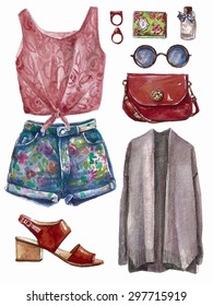 Vector hand drawn collage of summer spring girl clothing and accessories isolated on white background. Outfit of casual and hipster woman style. Create by watercolor 