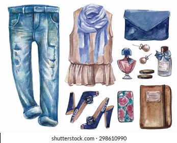 Vector hand drawn collage of summer ore spring girl clothing and accessories isolated on white background. Outfit of casual and elegant woman style. Create by watercolor 