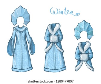 Vector hand drawn collage of summer,spring ore autumn girl clothing and accessories isolated on white background. Clothing of the traditional character of Russian folk tales