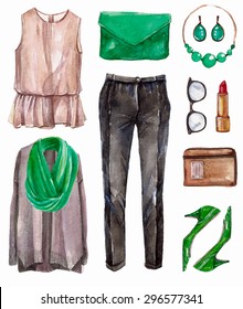 Vector hand drawn collage of summer,spring ore autumn girl clothing and accessories isolated on white background. Outfit of casual elegant woman style. Create by watercolor 