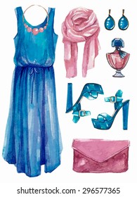 Vector hand drawn collage of summer,spring  girl clothing and accessories isolated on white background. Outfit of casual romantic  woman style. Create by watercolor 