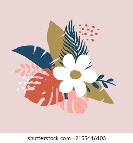 Vector hand drawn collage with tropical leaves, branches, flower. Summer vector illustration. On a pink background. Print. Tropical composition.