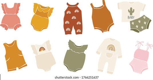 Vector hand drawn collection of baby clothes for nursery decoration and baby shower. Perfect for birthday, children's party, summer holiday, clothing prints