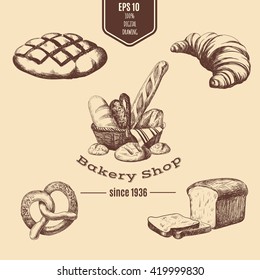 Vector hand drawn collection of Bakery products. Template for poster business card banner label and icon for bakery shop and menu. Bakery hand sketched set in basket. 