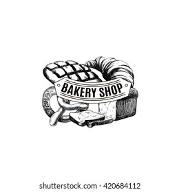 Vector hand drawn collection of Bakery products. Template for poster business card banner label and icon for bakery shop and menu. Bakery hand sketched set. 