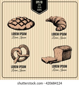 Vector hand drawn collection of Bakery products. Template for poster business card banner label and icon for bakery shop and menu. Bakery hand sketched set. 