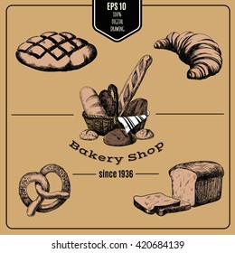 Vector hand drawn collection of Bakery products. Template for poster business card banner label and icon for bakery shop and menu. Bakery hand sketched set in basket. 