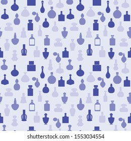 Vector hand drawn collection of beautifull Perfume bottles silhouettes Various toilet water bottles and colognes seamless background. 