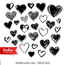 Vector hand drawn collection of black grunge Valentine hearts on white background.