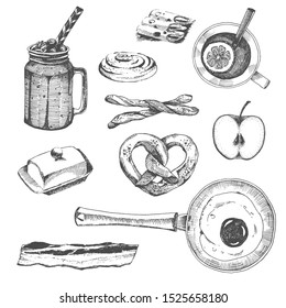 vector hand drawn collection of breakfast food.
set of morning tea, fried egg with bacon and cheese, smoothie, pastry and butter.
flat lay ink doodle.
restaurant design template
