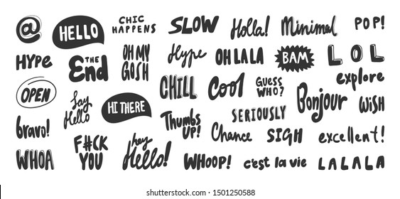 Vector hand drawn collection with cartoon lettering. Good as a sticker, video blog cover, social media message, gift cart, t shirt print design.