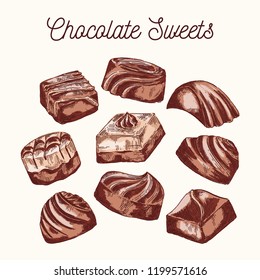Vector hand drawn collection of chocolate sweets isolated on white backgroud