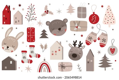 Vector hand drawn collection for Christmas and New Year. Doodle isolated illustration with houses, animals, trees, branches. Winter holidays, baby shower, birthday, children's party
