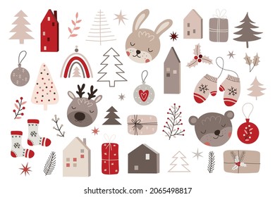 Vector hand drawn collection for Christmas and New Year. Doodle isolated illustration with houses, animals, trees, branches. Winter holidays, baby shower, birthday, children's party