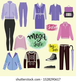 Vector Hand drawn vector collection of clothes, accessories and lettering set of special offer signs with handwritten text for sale. Clothes and accessories Fashion icon set.