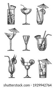 Vector hand drawn collection of cocktails on white background.