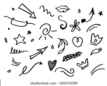 Vector hand drawn collection of curly arrow. swishes, swoops, swirl, heart, love, crown, flower, leaf, star, firework, highlight text and emphasis element, on white background, use for concept design