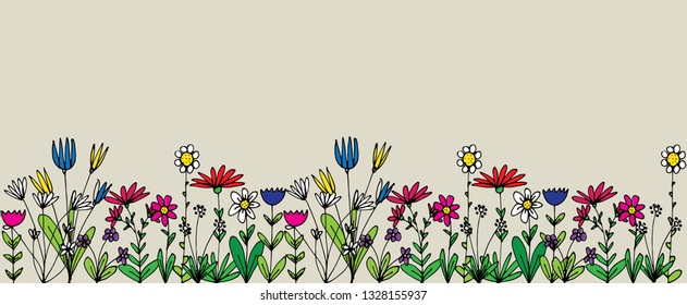 vector hand drawn collection of cute doodle flowers,drawn in black outlines,isolated on colored background, spring graphic texture of meadow, wedding or birthday card illustration