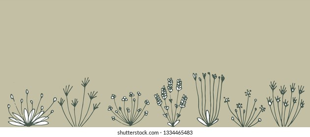 vector hand drawn collection of cute doodle flowers,drawn in black outlines,isolated on colored background, spring graphic texture of meadow, wedding or birthday card illustration
