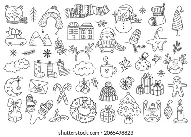 Vector hand drawn collection of cute doodles for Christmas and New Year. Doodle line isolated illustration. Winter holidays, baby shower, birthday, children's party