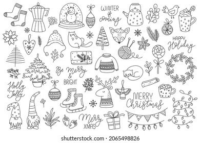 Vector hand drawn collection of cute doodles for Christmas and New Year. Doodle line isolated illustration. Winter holidays, baby shower, birthday, children's party