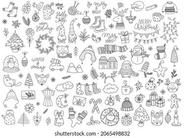 Vector hand drawn collection of cute doodles for Christmas and New Year. Doodle line isolated illustration. Winter holidays, baby shower, birthday, children's party