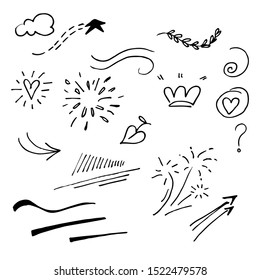 Vector hand drawn collection of design element. curly swishes, swoops, swirl, arrow, heart, love, crown, flower, star, sun burst, firework, highlight text and emphasis element. use for concept design.