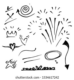 Vector hand drawn collection of design element. curly swishes, swoops, swirl, arrow, heart, love, crown, flower, star, firework, highlight text and emphasis element. use for concept design