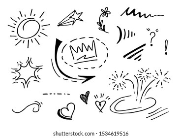 Vector hand drawn collection of design element. curly swishes, swoops, swirl, arrow, heart, love, crown, flower, star, firework, highlight text and emphasis element. use for concept design