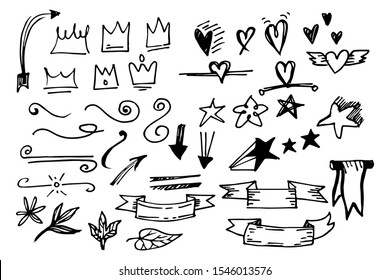 Vector hand drawn collection of design element. curly swishes, swoops, swirl, arrow, heart, love, crown, flower, star, starburst, riobbon, highlight text and emphasis element. use for concept design