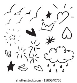 Vector hand drawn collection of design element. curly swishes, swoops, swirl, arrow, heart, love, crown, star, sun burst, firework, highlight text and emphasis element. use for concept design 