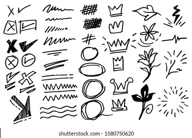 Vector hand drawn collection of design element. curly swishes, swoops, swirl, arrow, heart, love, crown, leaf, star, sun burst, firework, highlight text and emphasis element. use for concept design