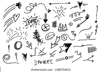 Vector hand drawn collection of design element. curly swishes, swoops, swirl, arrow, heart, love, crown, leaf, star, sun burst, firework, highlight text and emphasis element. use for concept design